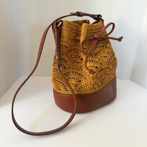 Sezane Alma Bucket Bag Ochre Raffia Leather Brown Crossbody Shoulder Sold Out - Picture 6 of 15